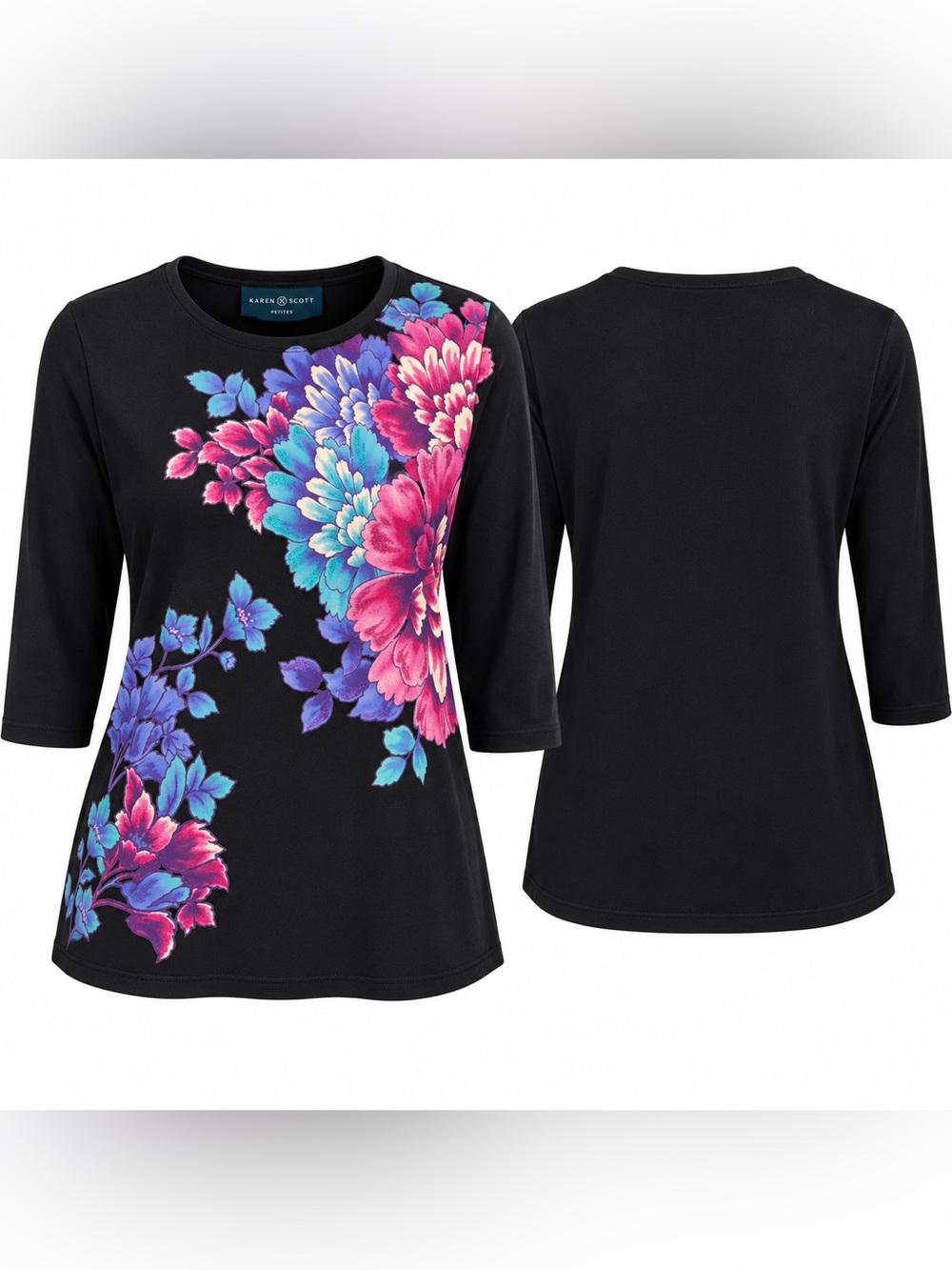 Karen Scott Black Tunic Tee with Pink and Blue Glittery Floral Accent